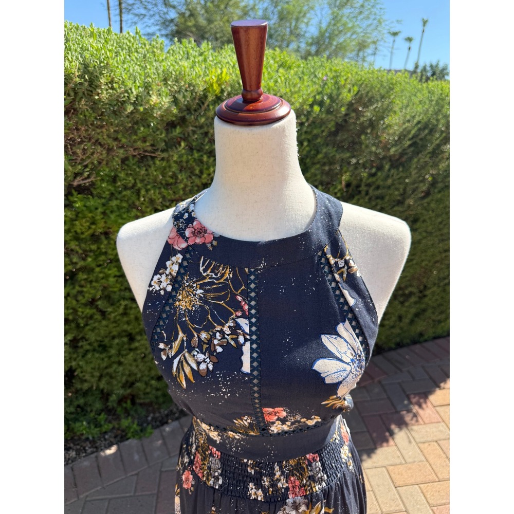 BP Nordstrom Floral Halter Maxi Dress Navy Blue Smocked Waist Open Back NWT - Picture 4 of 12